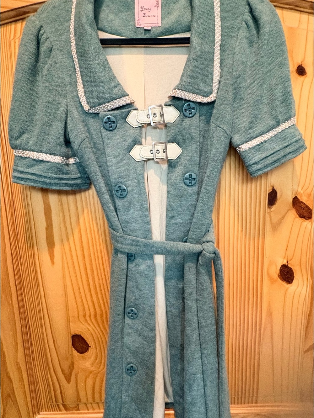 Vintage Young Essence Sweater Coat Cardigan Y2K Sage Green Belt-Decorative Trim